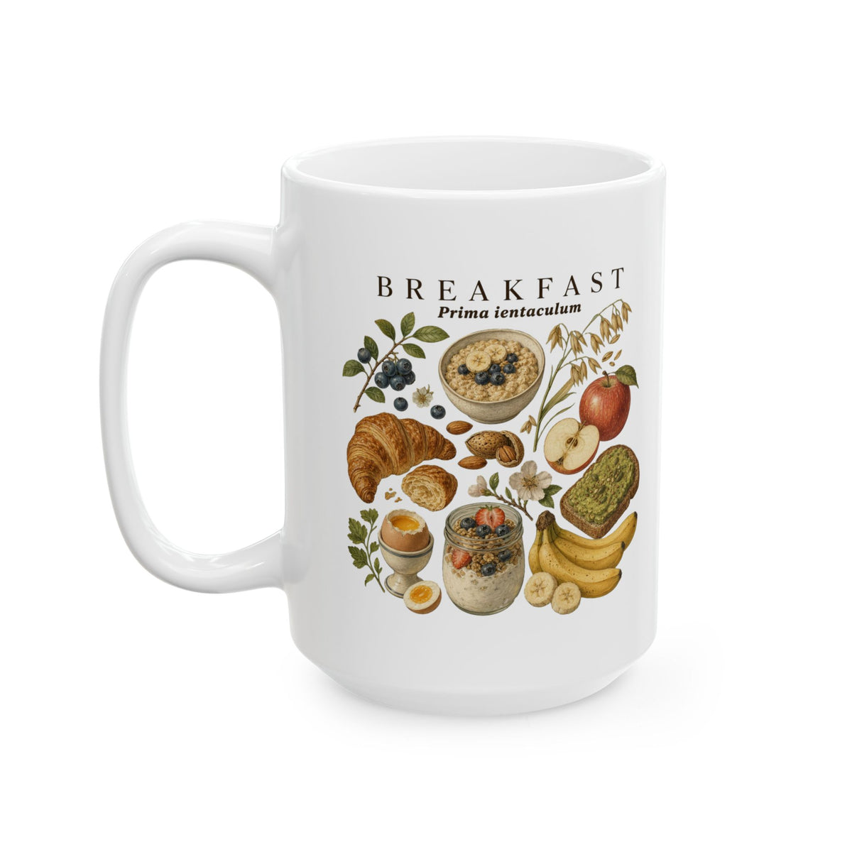 Breakfast Foods Ceramic Mug — Illustrated Fruits, Croissant & Eggs Coffee Cup (11oz/15oz)
