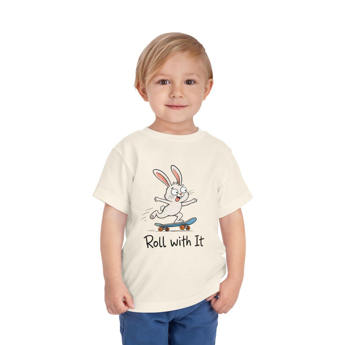 Toddler Tee — "Roll With It" Skateboarding Bunny Kids Shirt