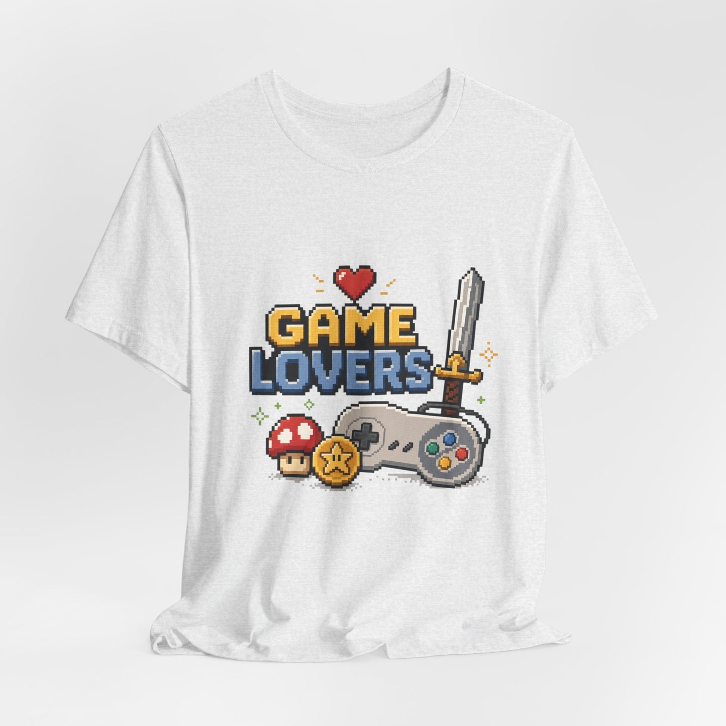 Game Lovers Pixel Art T-Shirt — Retro Controller, Sword & Power-Ups Tee