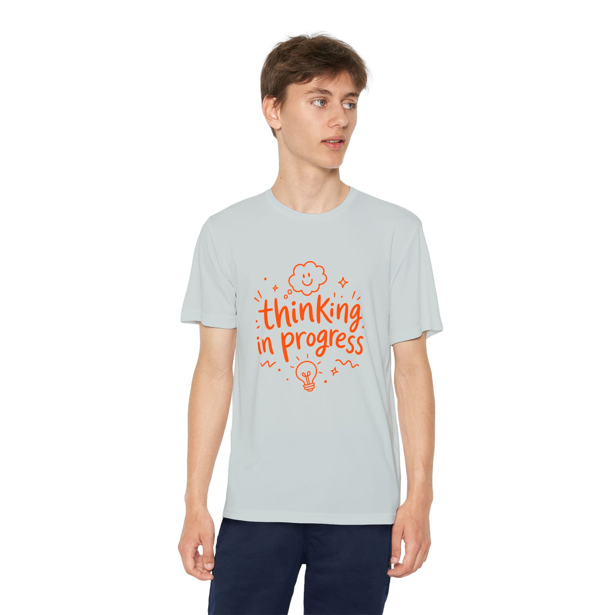 Youth T‑Shirt — "Thinking In Progress" Kids Graphic Tee (Cute Brain & Lightbulb Design)