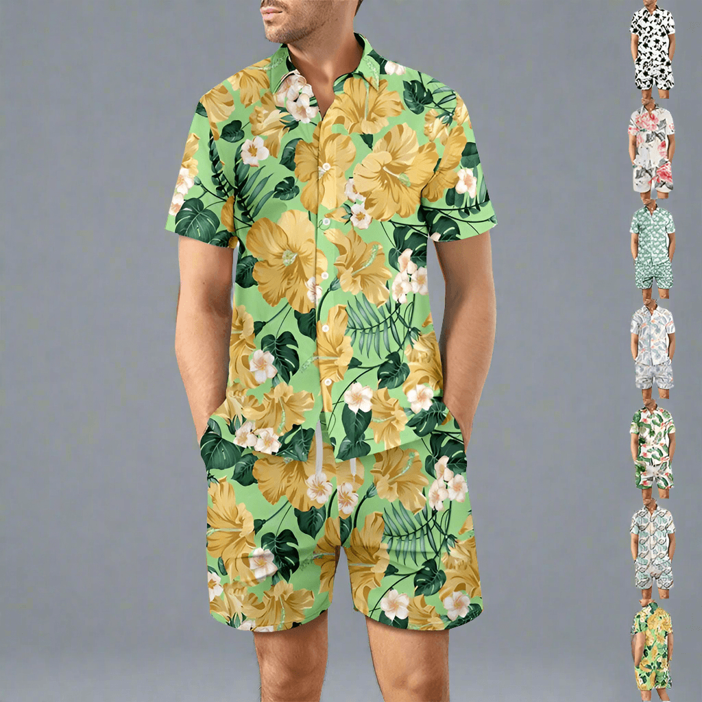 2Pcs Printed Beach Shirt Summer Suit Top And Drawstring Pockets Shorts Casual Short Sleeve Suits For Men Clothing