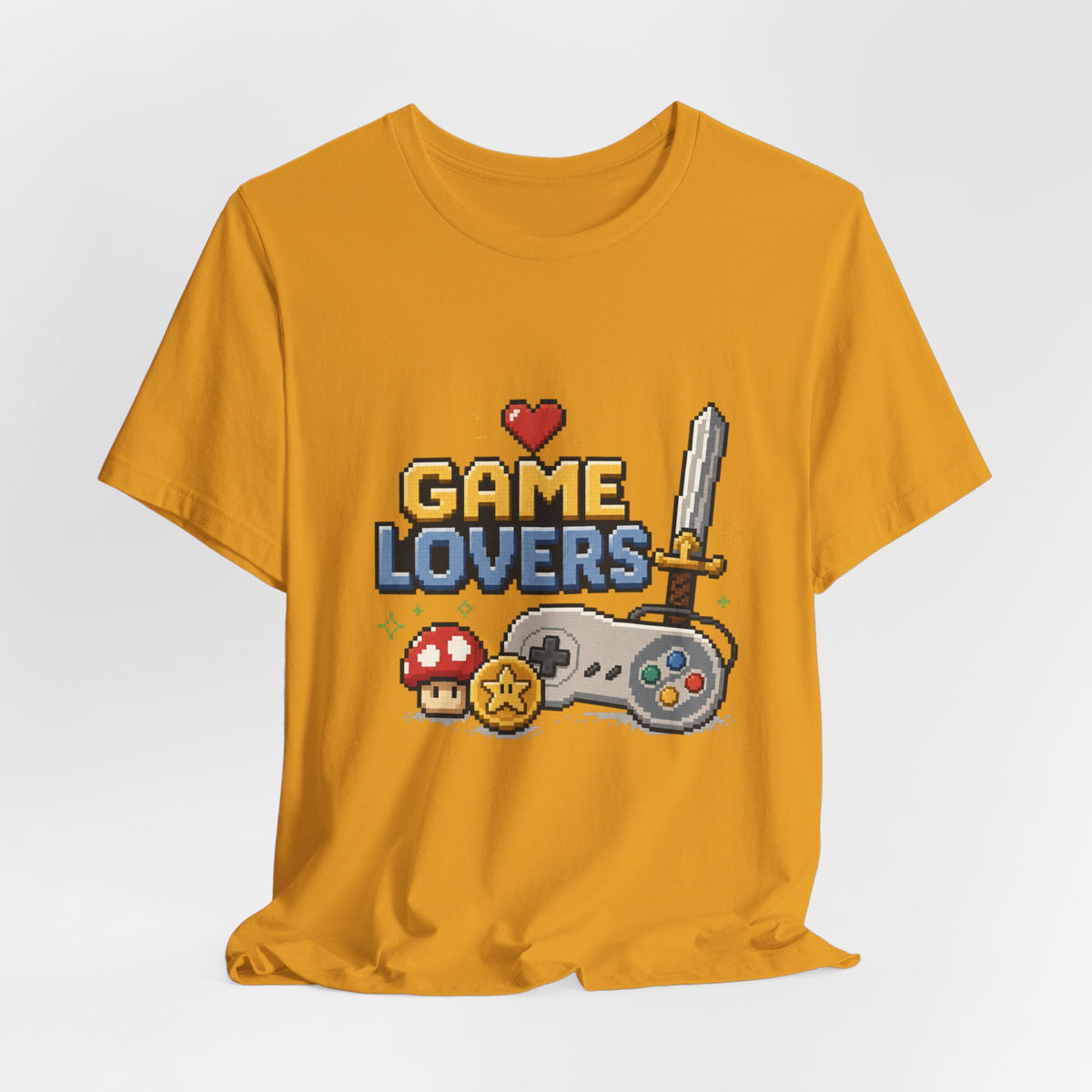 Game Lovers Pixel Art T-Shirt — Retro Controller, Sword & Power-Ups Tee
