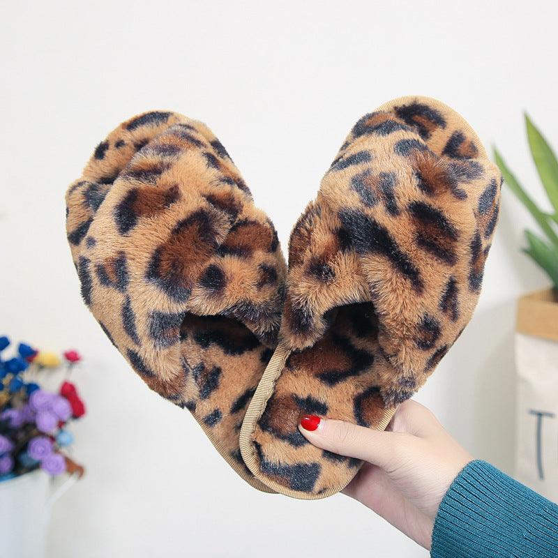 Cross-strap Fuzzy Slippers Leopard Plush House Shoes Flat Bedroom Slippers Slippers For Women - GIFTS EMPORIUM