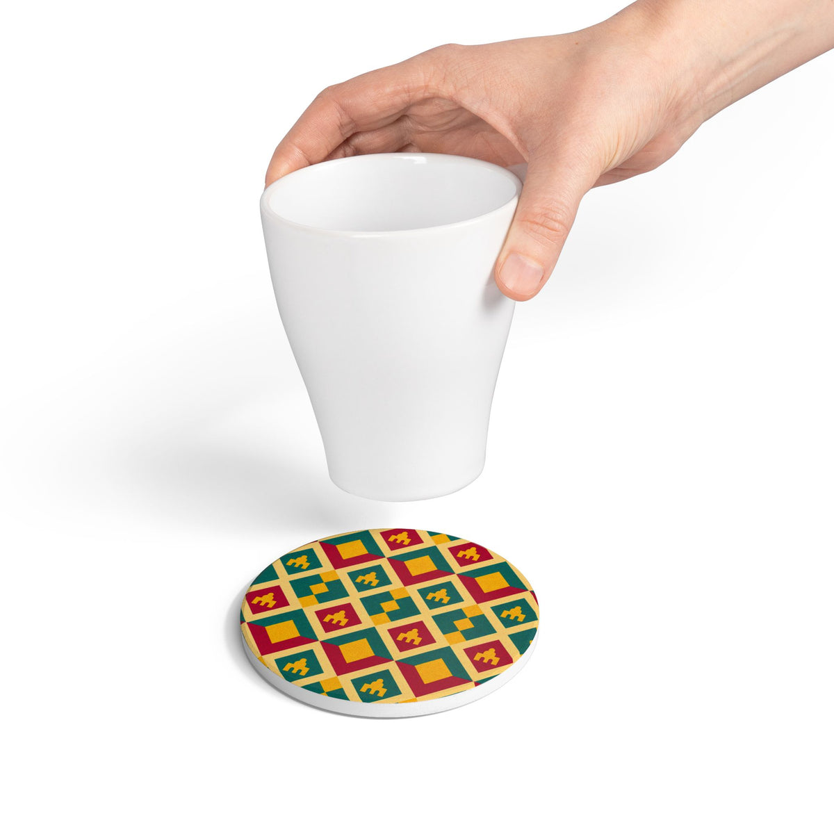 Geometric Moroccan Tile Ceramic Coaster — Colorful Retro Diamond Pattern
