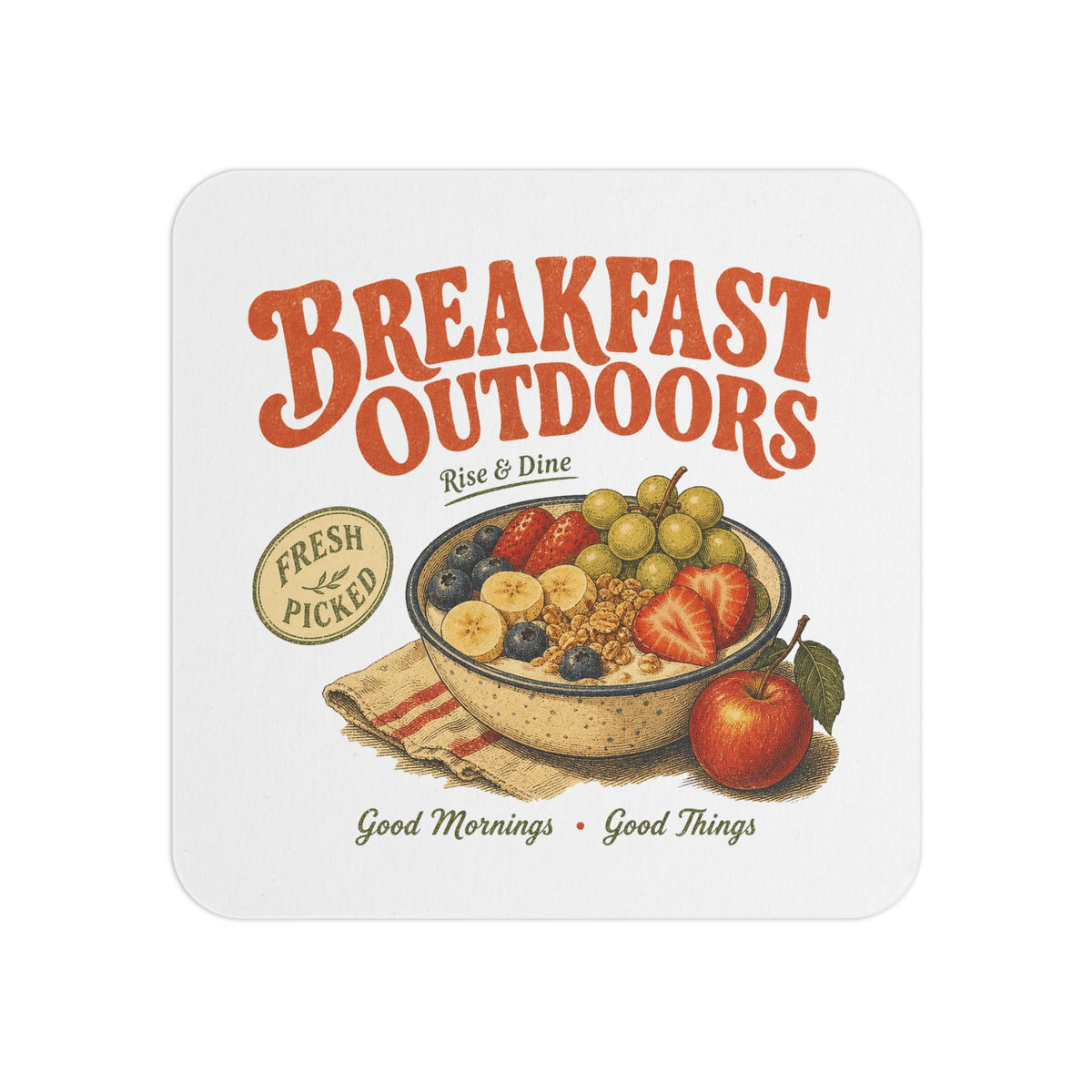 Breakfast Outdoors Coasters — Retro Fruit Bowl Drink Coaster Set (50/100 pcs)