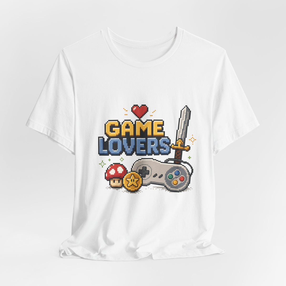Game Lovers Pixel Art T-Shirt — Retro Controller, Sword & Power-Ups Tee