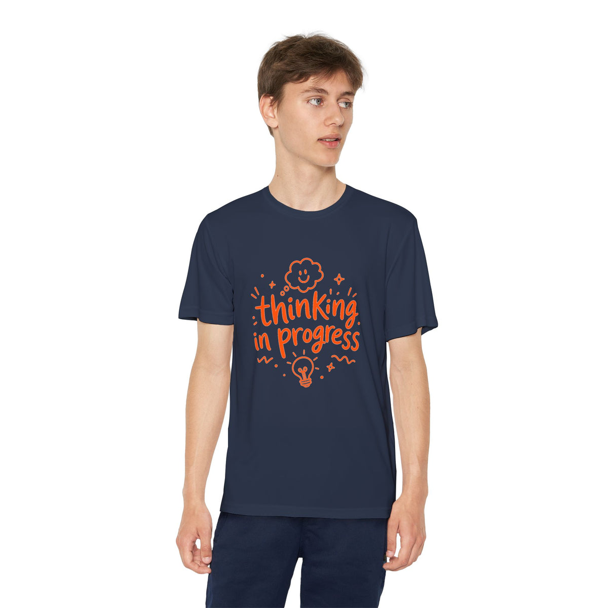Youth T‑Shirt — "Thinking In Progress" Kids Graphic Tee (Cute Brain & Lightbulb Design)