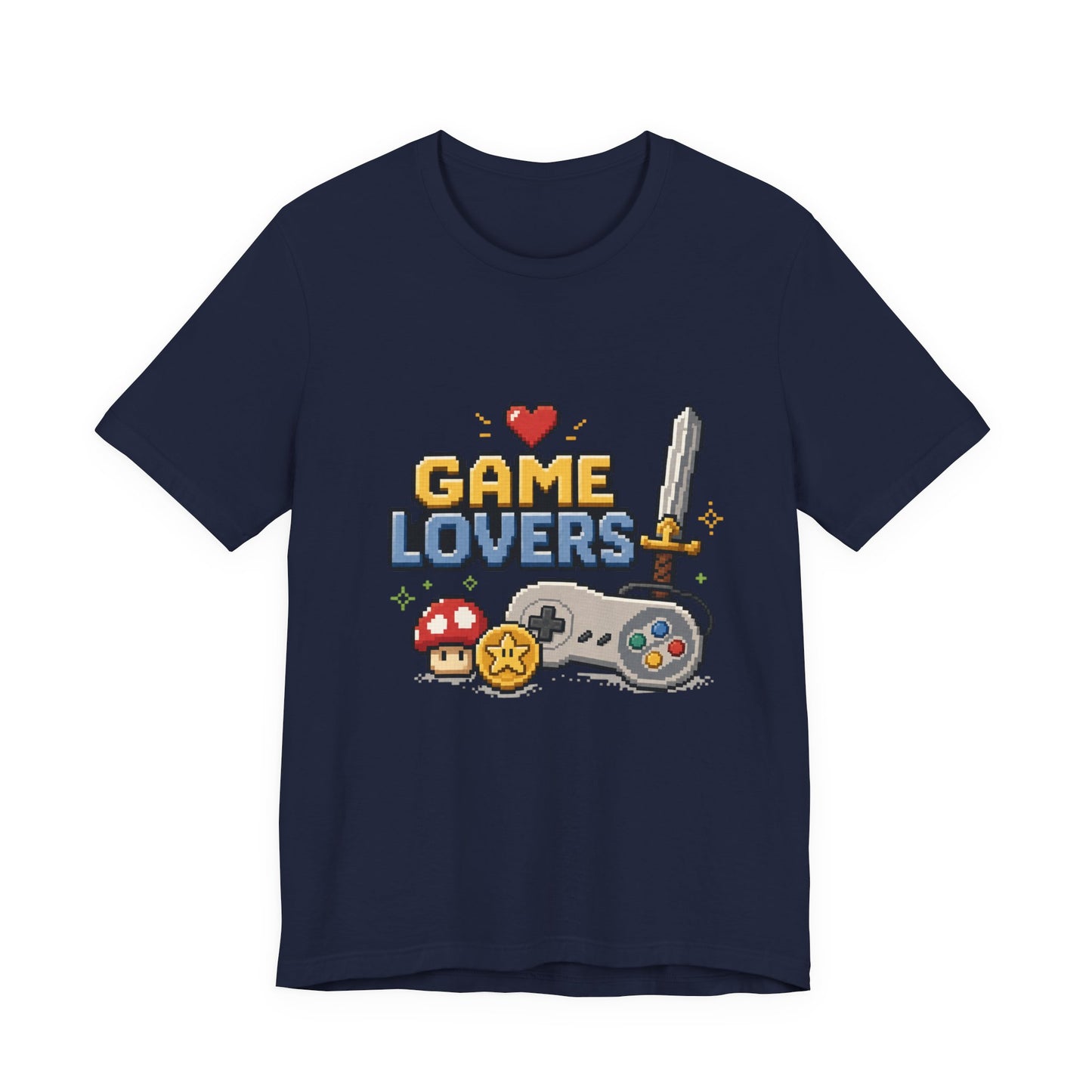 Game Lovers Pixel Art T-Shirt — Retro Controller, Sword & Power-Ups Tee