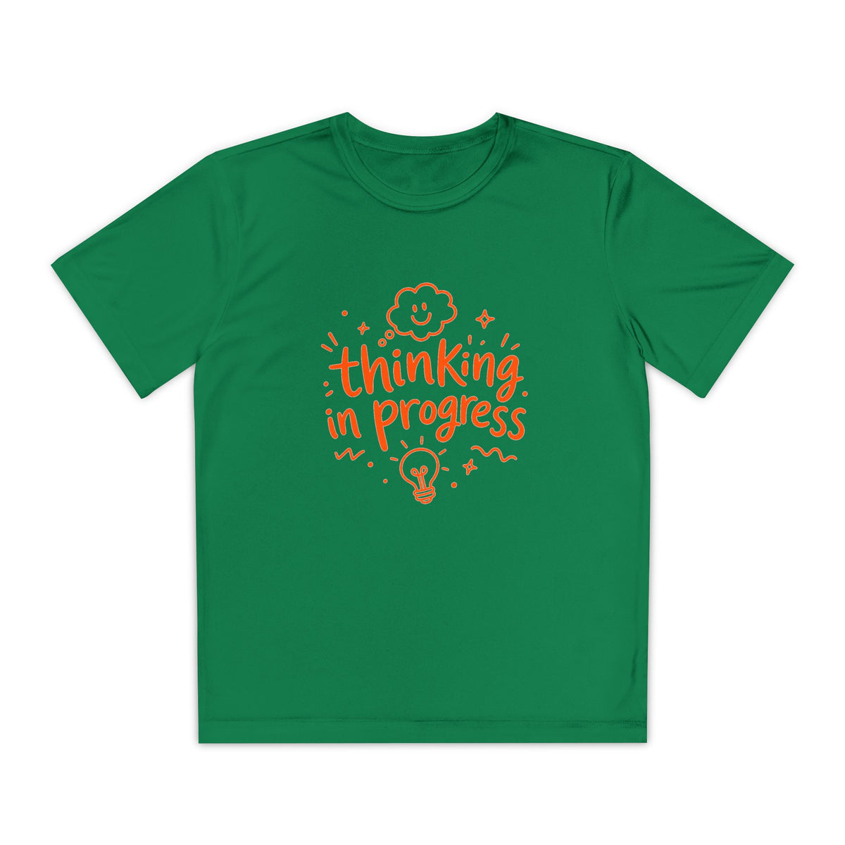 Youth T‑Shirt — "Thinking In Progress" Kids Graphic Tee (Cute Brain & Lightbulb Design)