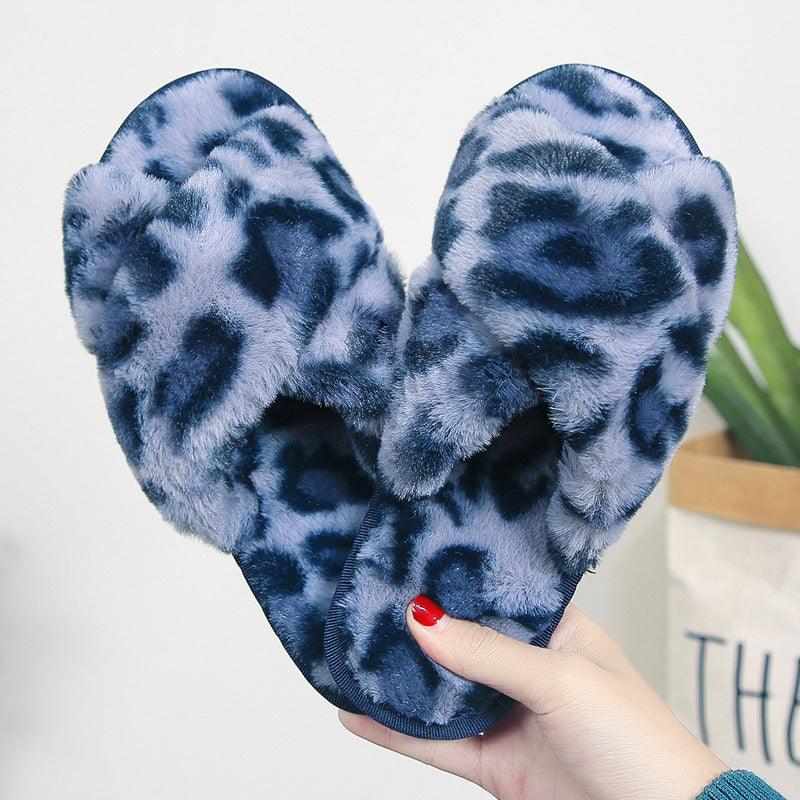 Cross-strap Fuzzy Slippers Leopard Plush House Shoes Flat Bedroom Slippers Slippers For Women - GIFTS EMPORIUM