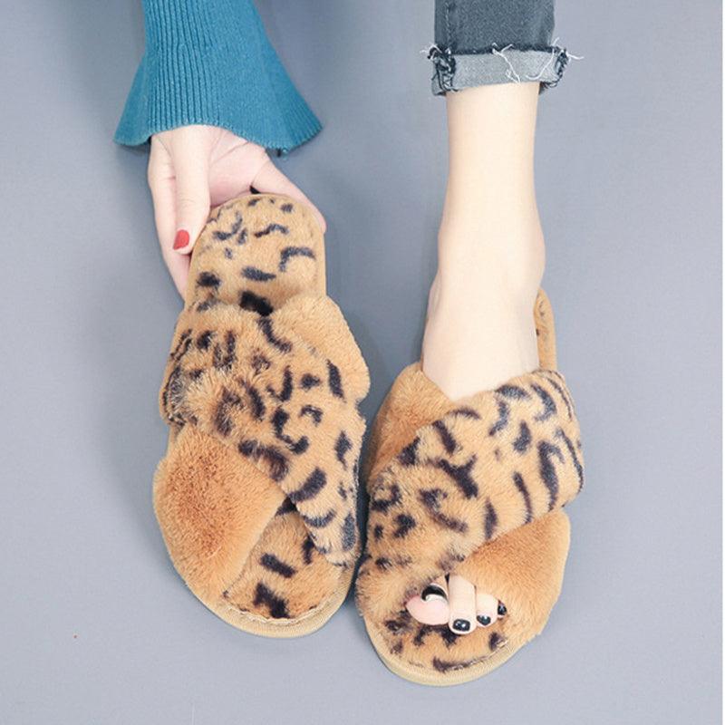 Cross-strap Fuzzy Slippers Leopard Plush House Shoes Flat Bedroom Slippers Slippers For Women - GIFTS EMPORIUM