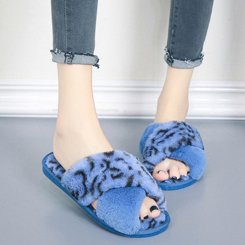 Cross-strap Fuzzy Slippers Leopard Plush House Shoes Flat Bedroom Slippers Slippers For Women - GIFTS EMPORIUM