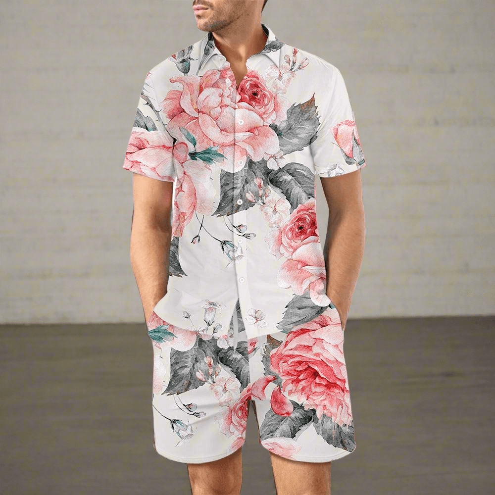 2Pcs Printed Beach Shirt Summer Suit Top And Drawstring Pockets Shorts Casual Short Sleeve Suits For Men Clothing