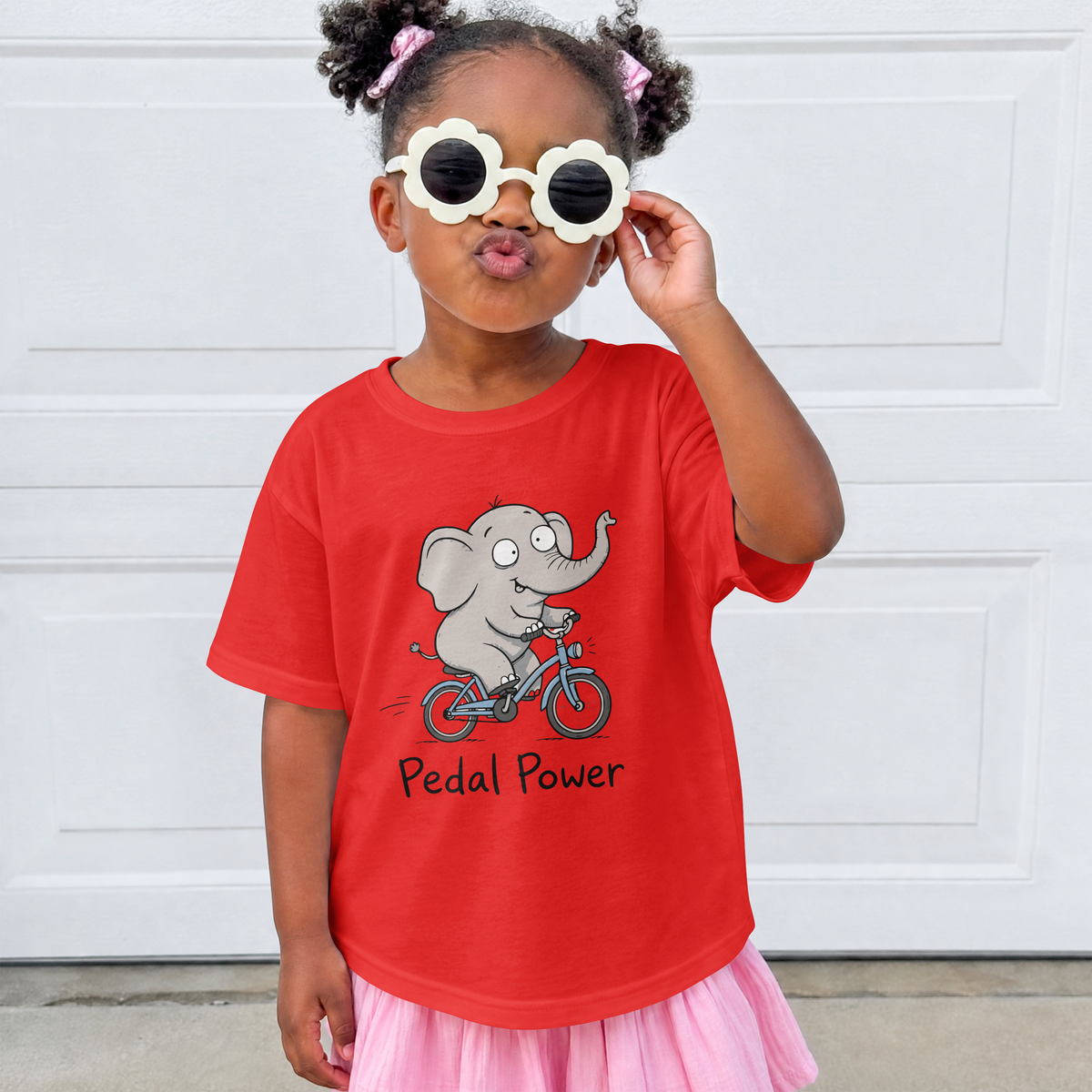 Toddler T‑Shirt — Cute Elephant on Bike “Pedal Power” (Kids’ Cute Bicycle Tee)
