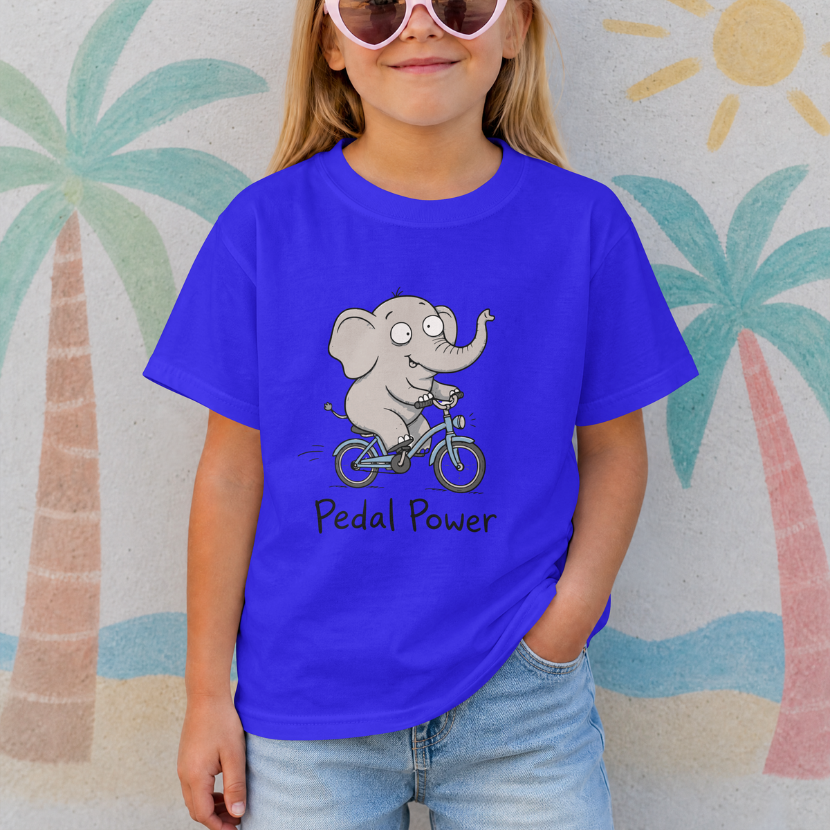 Toddler T‑Shirt — Cute Elephant on Bike “Pedal Power” (Kids’ Cute Bicycle Tee)