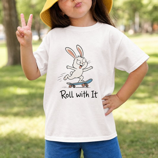Toddler Tee — "Roll With It" Skateboarding Bunny Kids Shirt