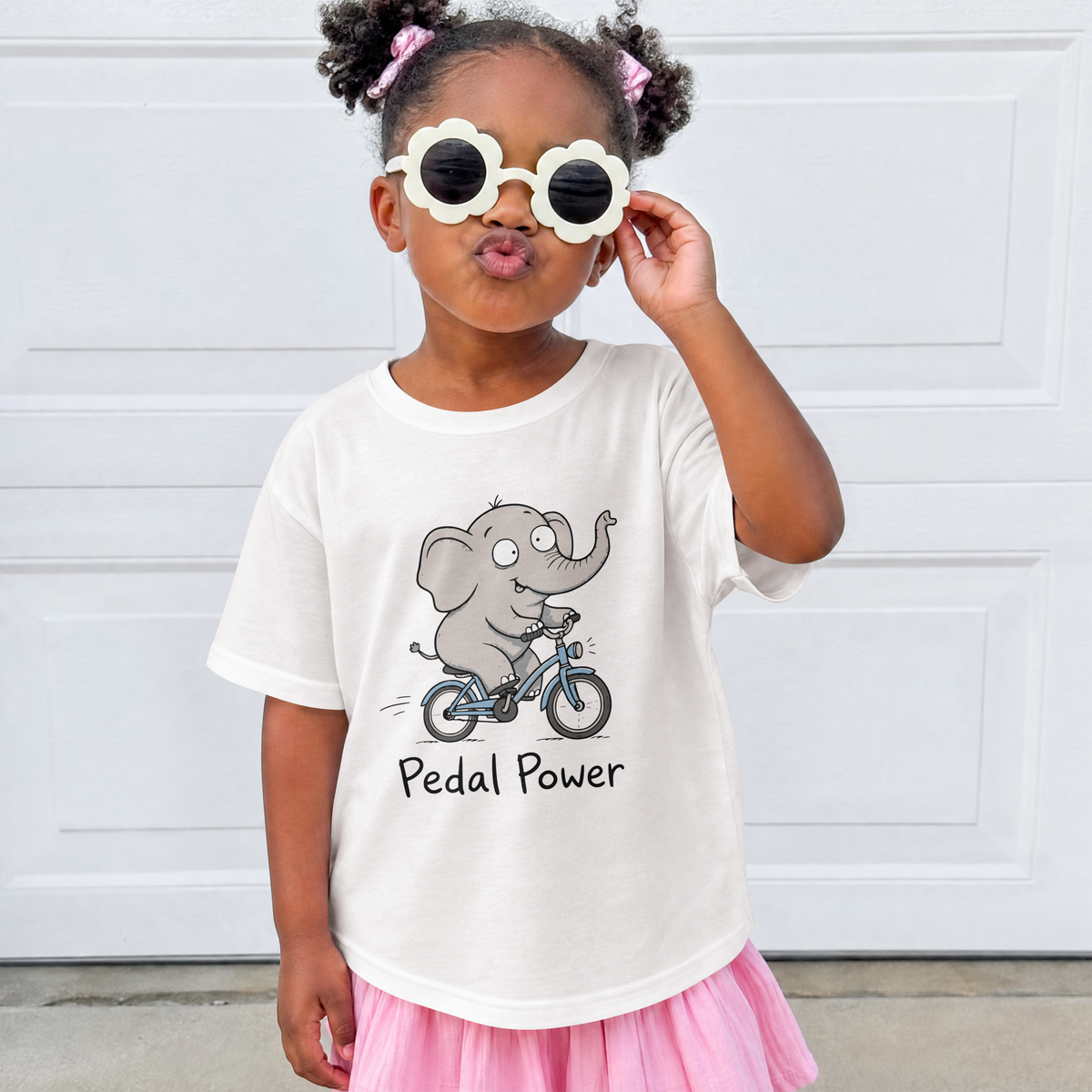 Toddler T‑Shirt — Cute Elephant on Bike “Pedal Power” (Kids’ Cute Bicycle Tee)