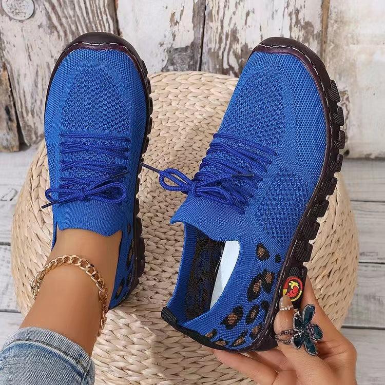 Leopard Print Round Head Lace-up Flat Bottom Comfort Breathable Mesh Surface Shoes - GIFTS EMPORIUM