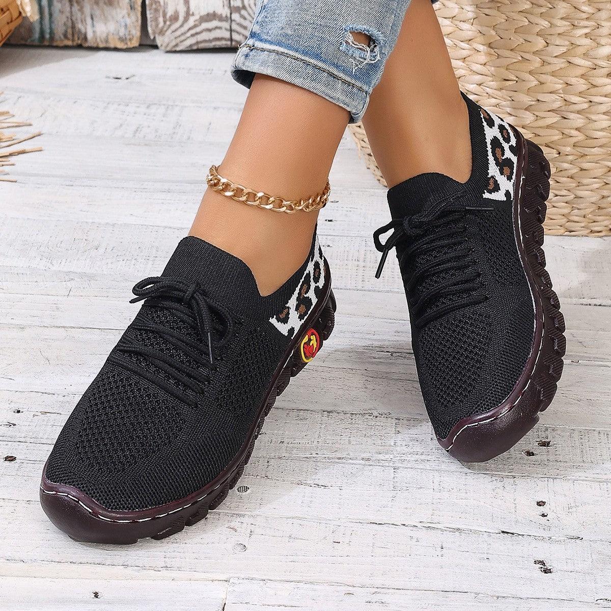 Leopard Print Round Head Lace-up Flat Bottom Comfort Breathable Mesh Surface Shoes - GIFTS EMPORIUM