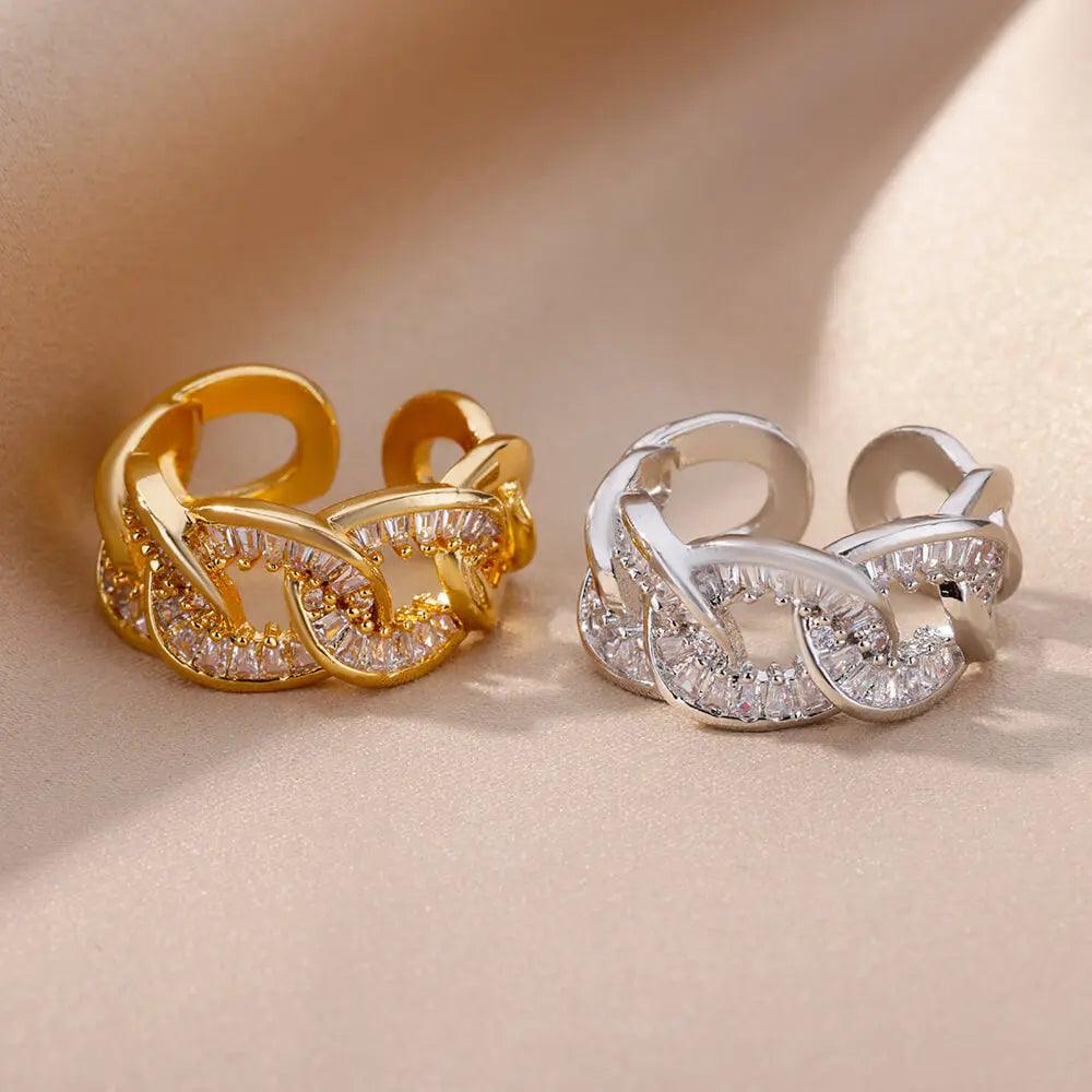 Stainless Steel Chain Rings For Women Gold Color Zircon Adjustable Finger Ring 2023 Trend Wedding Jewelry inoxidable anillos - GIFTS EMPORIUM