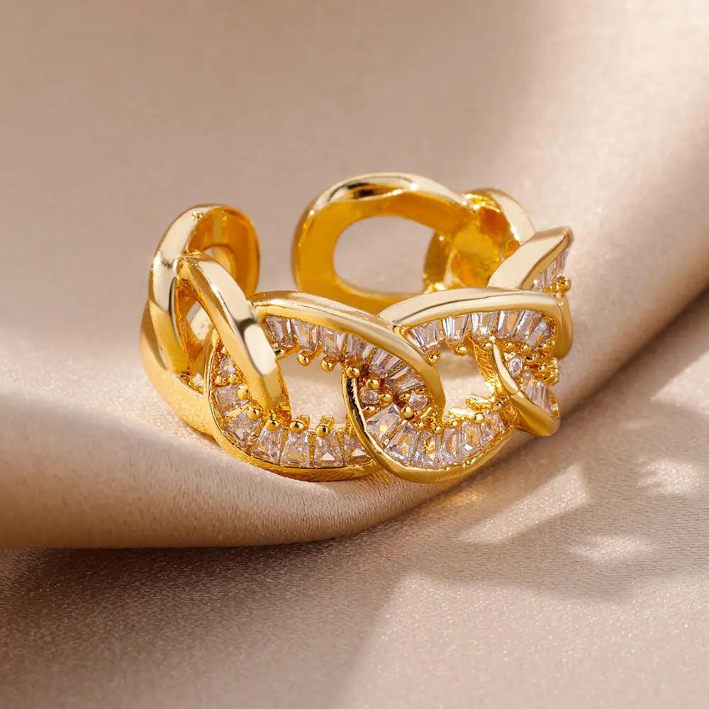 Stainless Steel Chain Rings For Women Gold Color Zircon Adjustable Finger Ring 2023 Trend Wedding Jewelry inoxidable anillos - GIFTS EMPORIUM