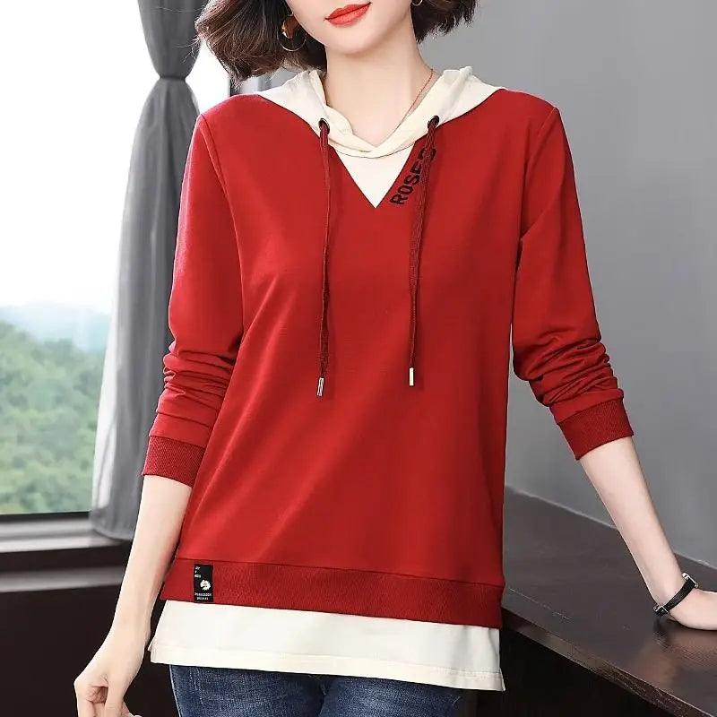 Female Fashion Casual Solid Color Spliced Hooded T-shirt Fake Two Pieces Tops Women's Clothing