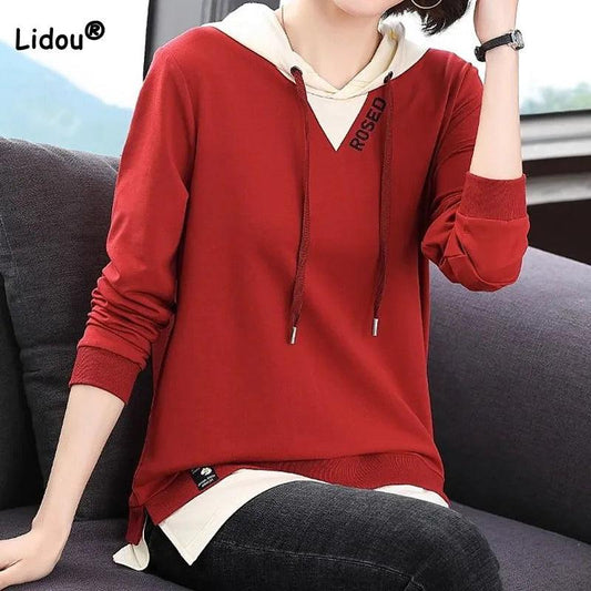 Female Fashion Casual Solid Color Spliced Hooded T-shirt Fake Two Pieces Tops Women's Clothing