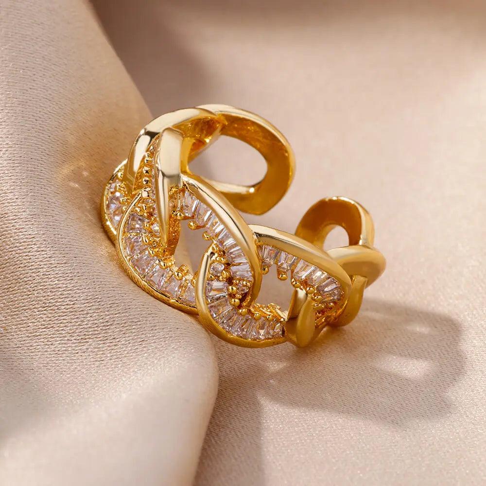 Stainless Steel Chain Rings For Women Gold Color Zircon Adjustable Finger Ring 2023 Trend Wedding Jewelry inoxidable anillos - GIFTS EMPORIUM