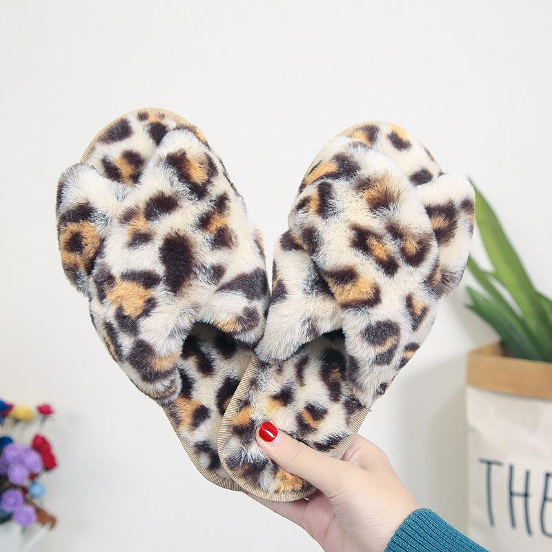 Cross-strap Fuzzy Slippers Leopard Plush House Shoes Flat Bedroom Slippers Slippers For Women - GIFTS EMPORIUM